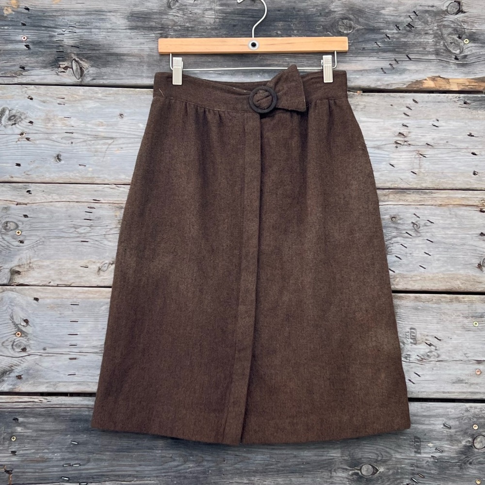 Vintage Pliers Woolen Brown Midi Skirt with Belted Waist Size 6